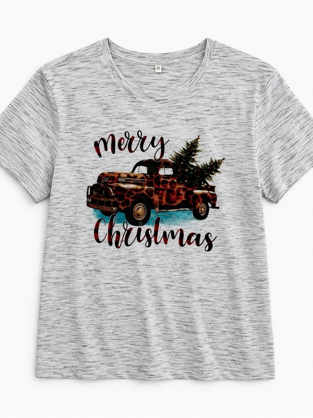 NEW Women's Medium Grey Leopard Truck Merry Christmas Holiday Festive T-Shirt